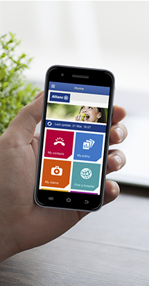 Illustration of Allianz care mobile app with various features for expats.